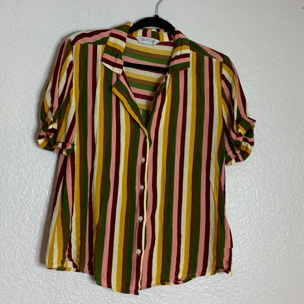 Compania Fantastica Womens Size XS Striped Rayon Button Up Shirt Top Vneck Cuffe